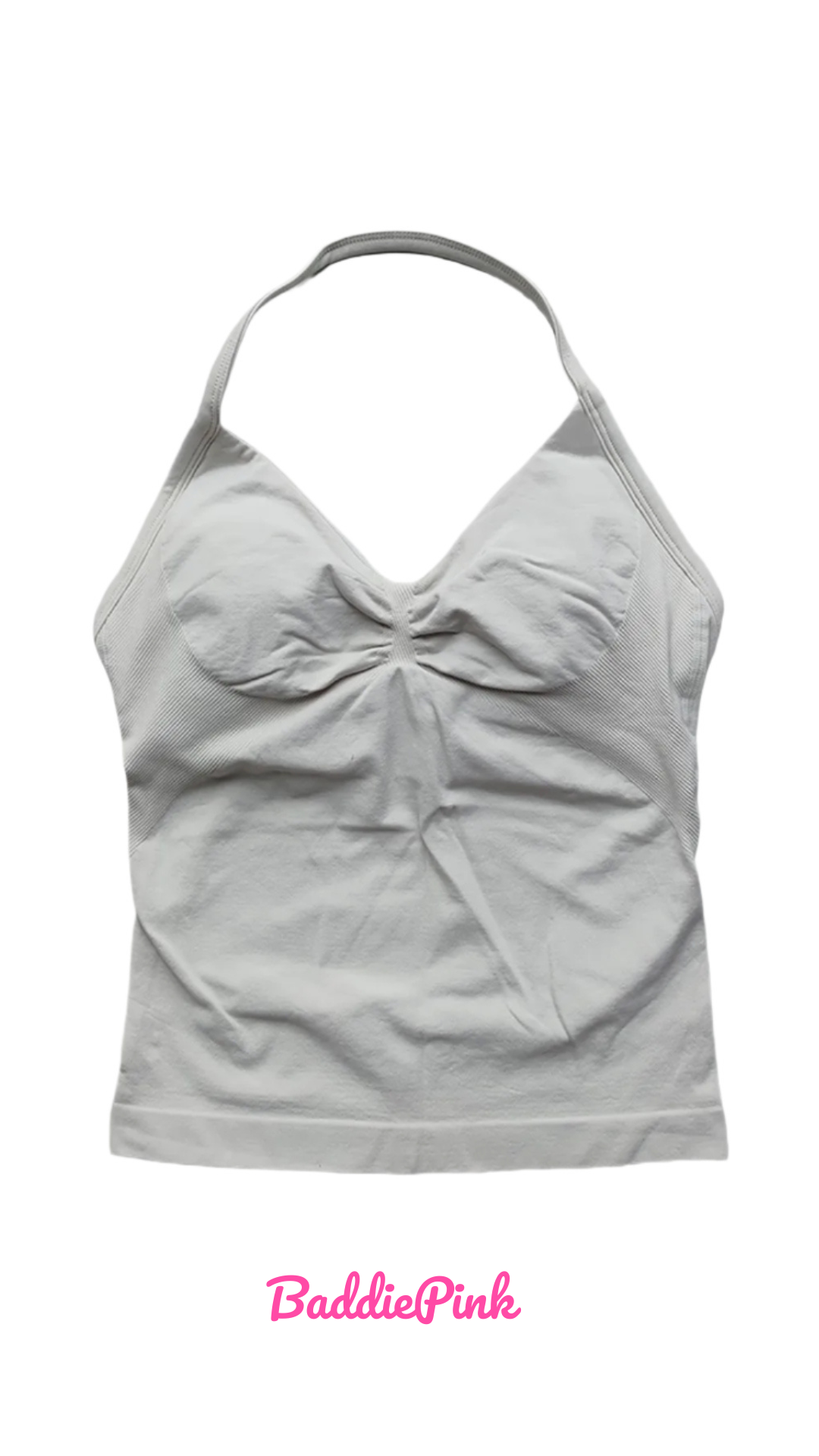 Gray tank top with a ruched design on a white background, featuring the brand 'Baddie Pink'.