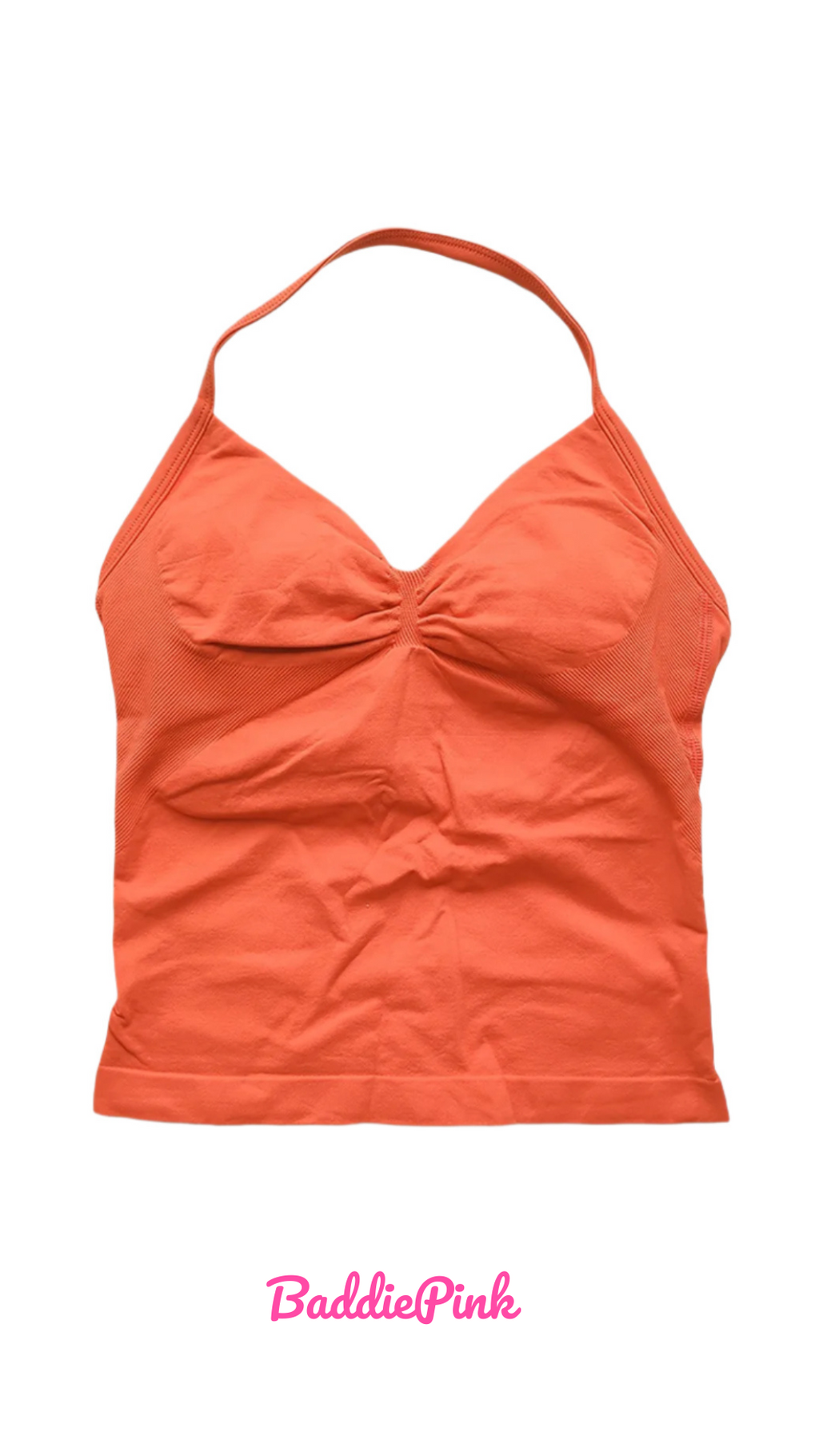 peach tank top with 'BaddiePink' branding on a white background
