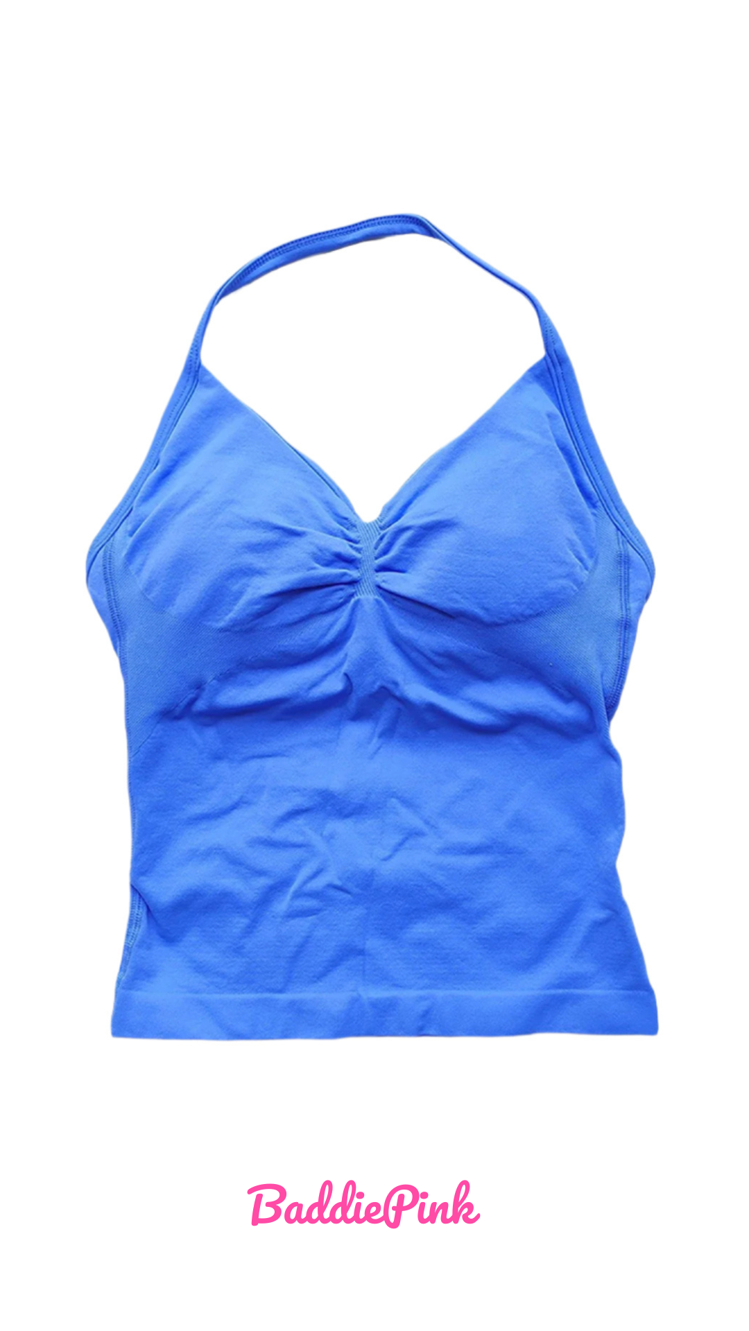 Blue tank top with a ruched design on a white background, branded 'Baddie Pink'.