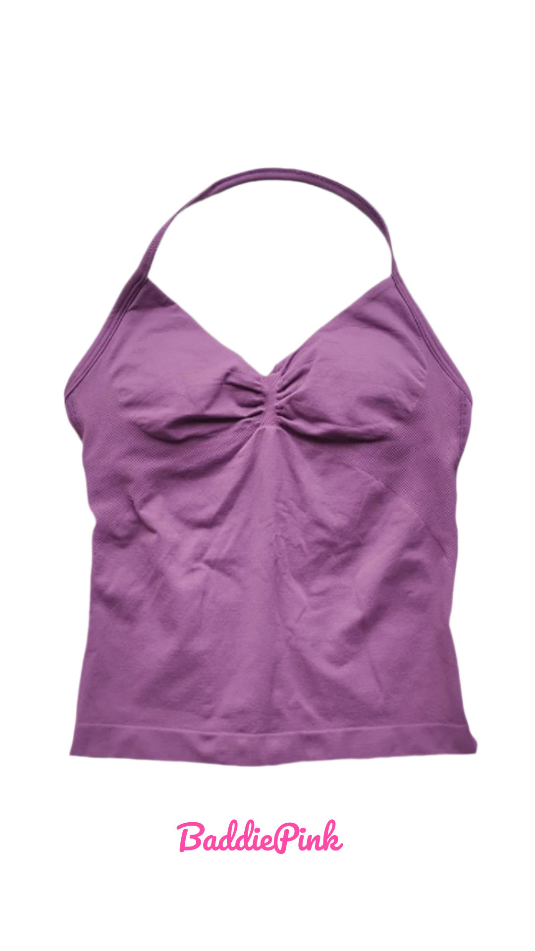 Purple tank top with a bow detail on a white background, featuring the brand 'Baddie Pink'.