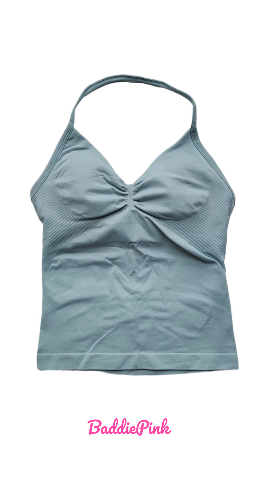 Light blue tank top on a white background with 'Baddie Pink' branding.
