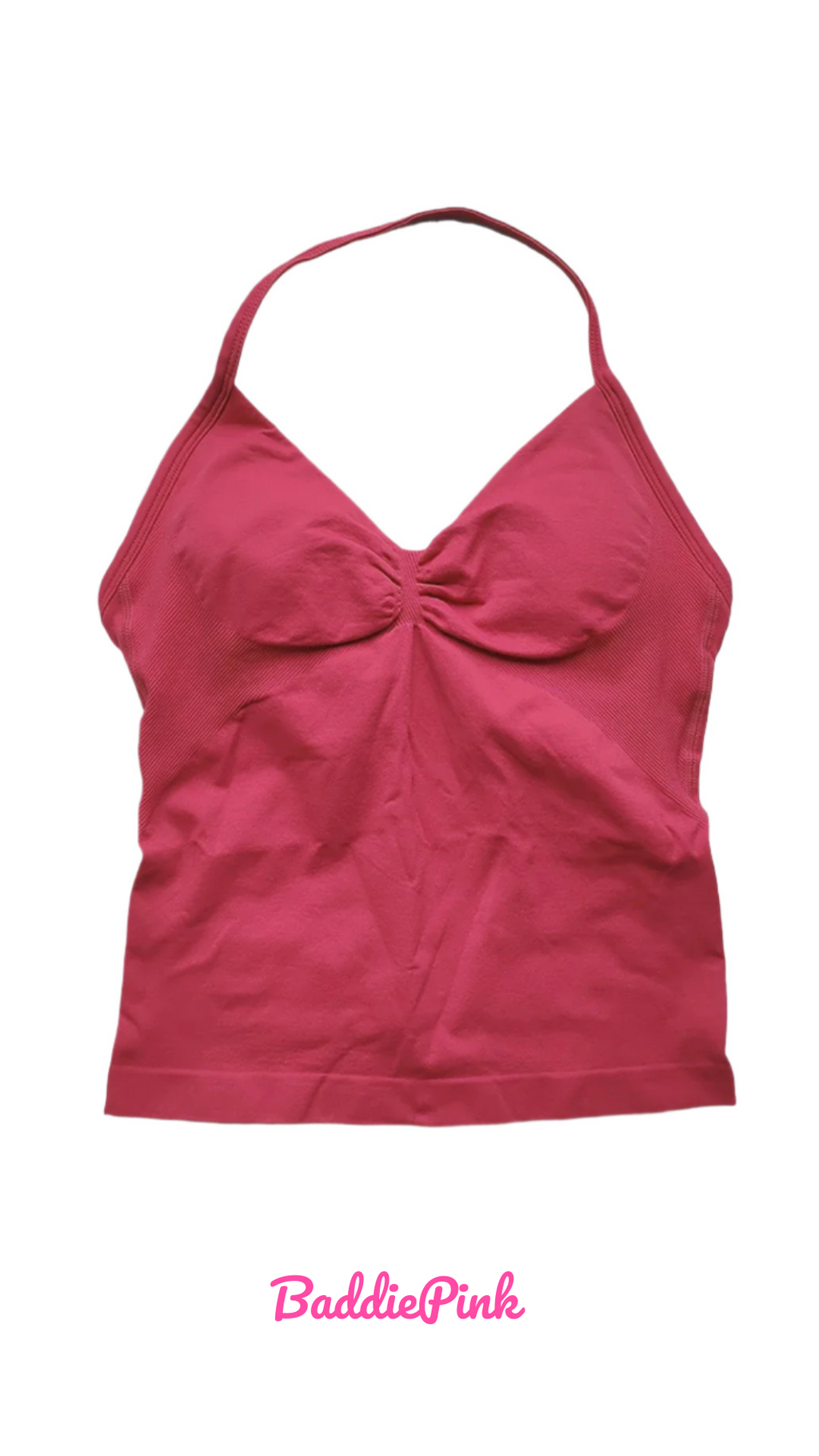 Pink tank top with a bow detail on a white background, branded 'Baddie Pink'.