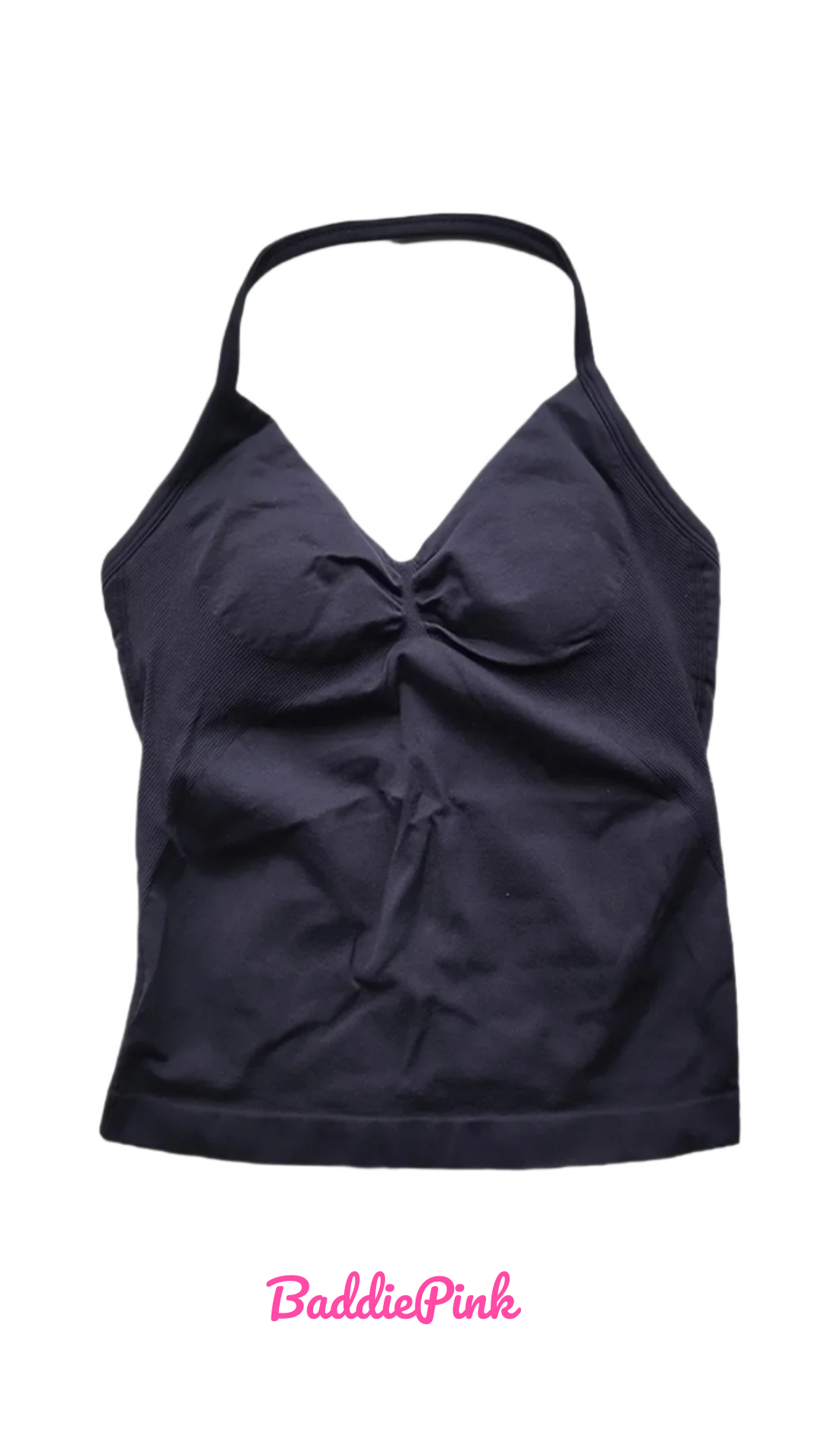 black tank top with a bow detail on a white background, branded 'Baddie Pink'.

