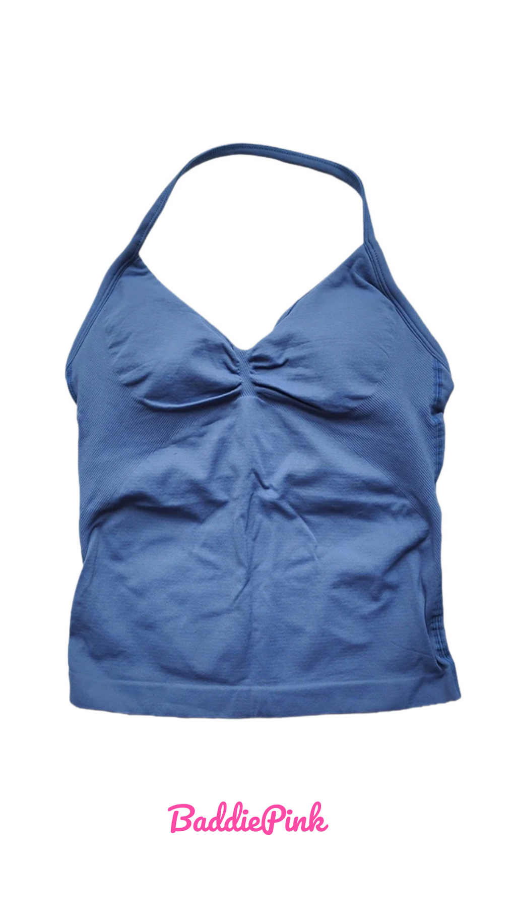 Blue tank top with a ruched design on a white background, branded 'Baddie Pink'.