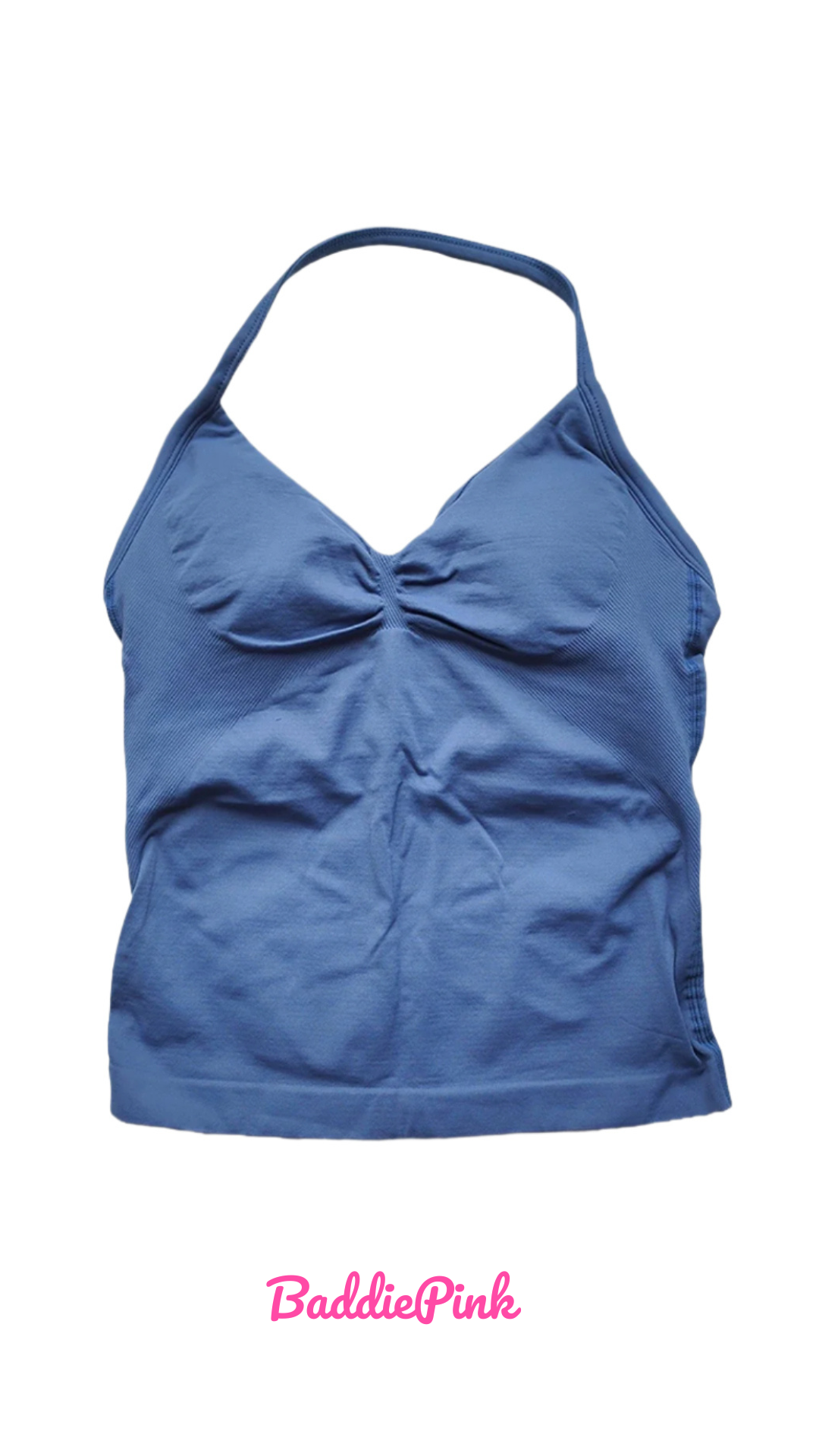 Blue tank top with a ruched design on a white background, branded 'Baddie Pink'.