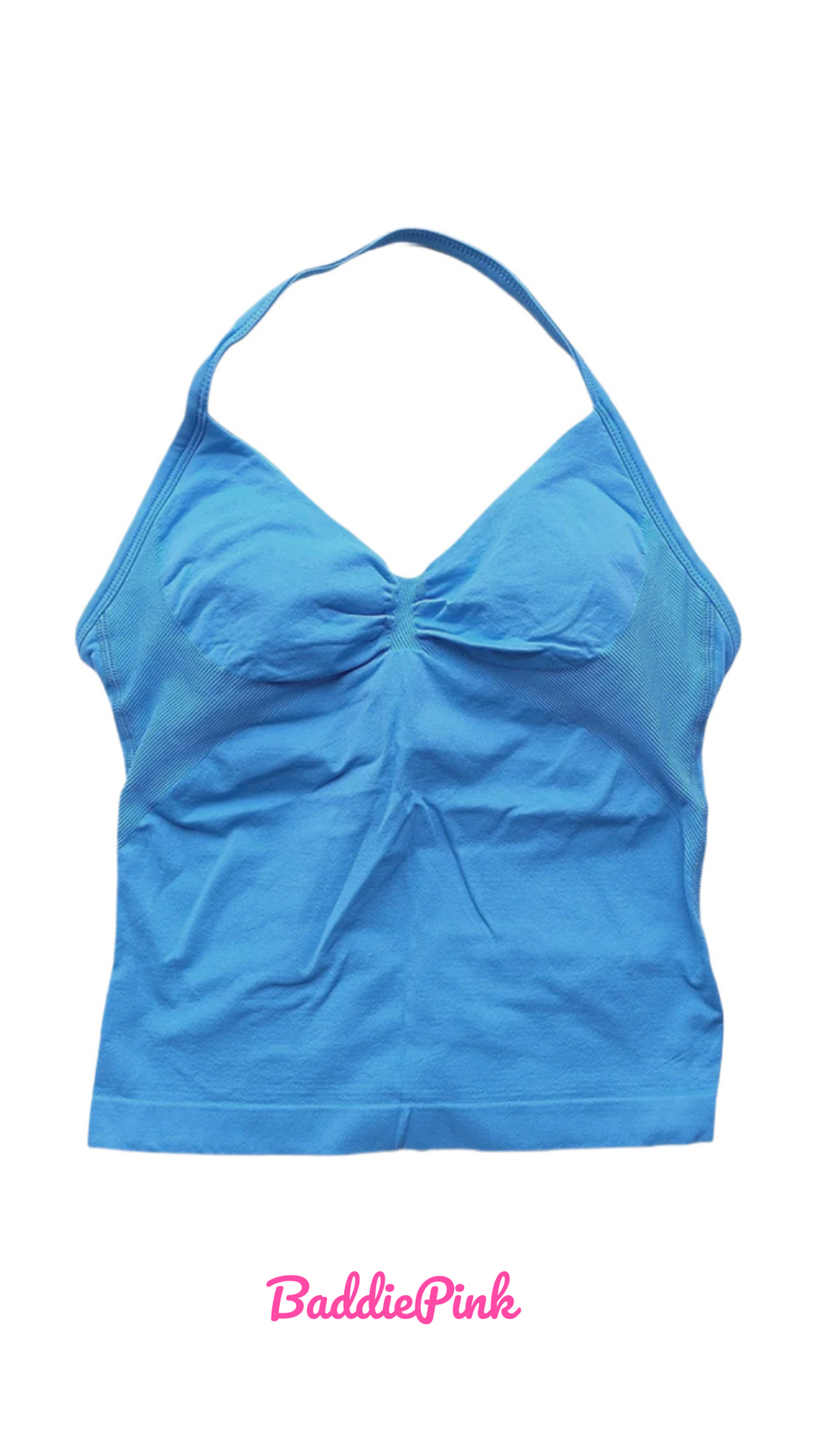Blue tank top with a bow detail on a white background, branded 'Baddie Pink'.

