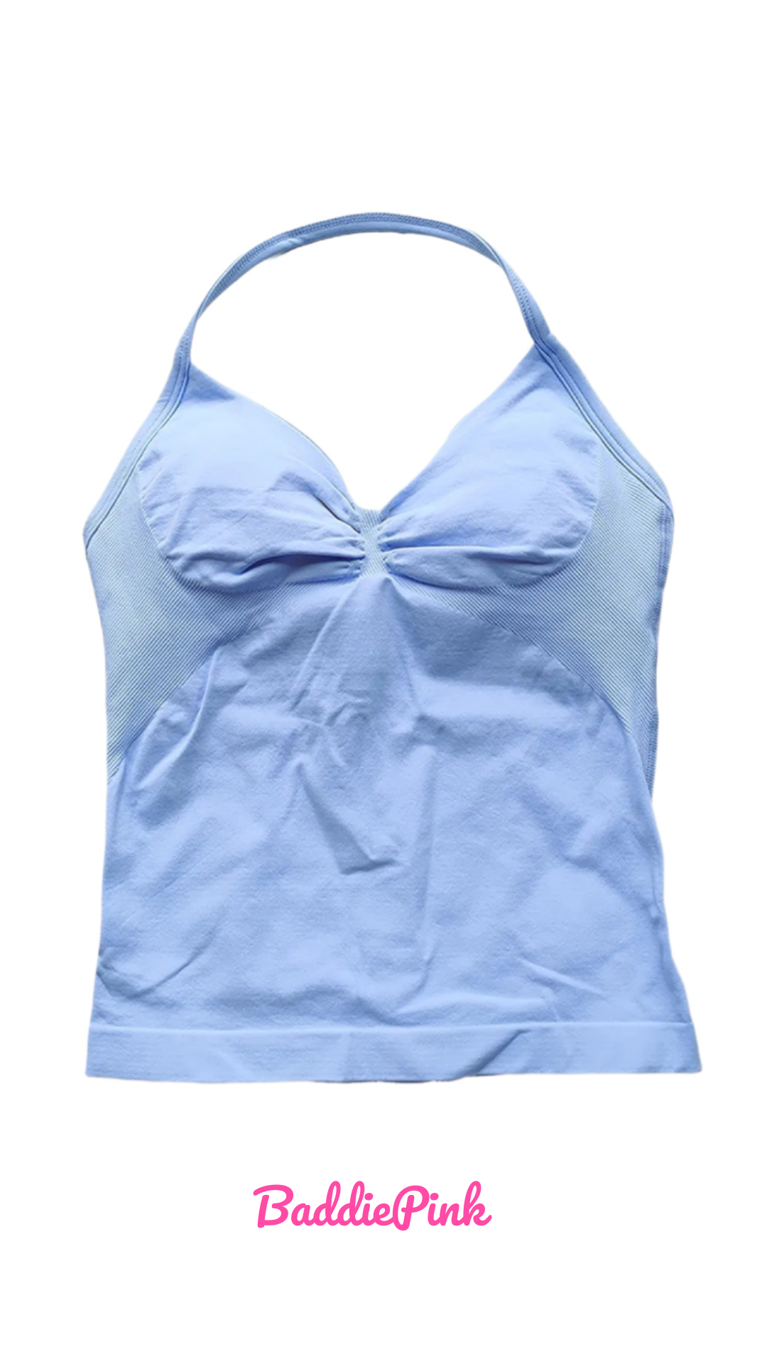Light blue tank top with a bow detail on a white background, featuring the brand 'Baddie Pink'.