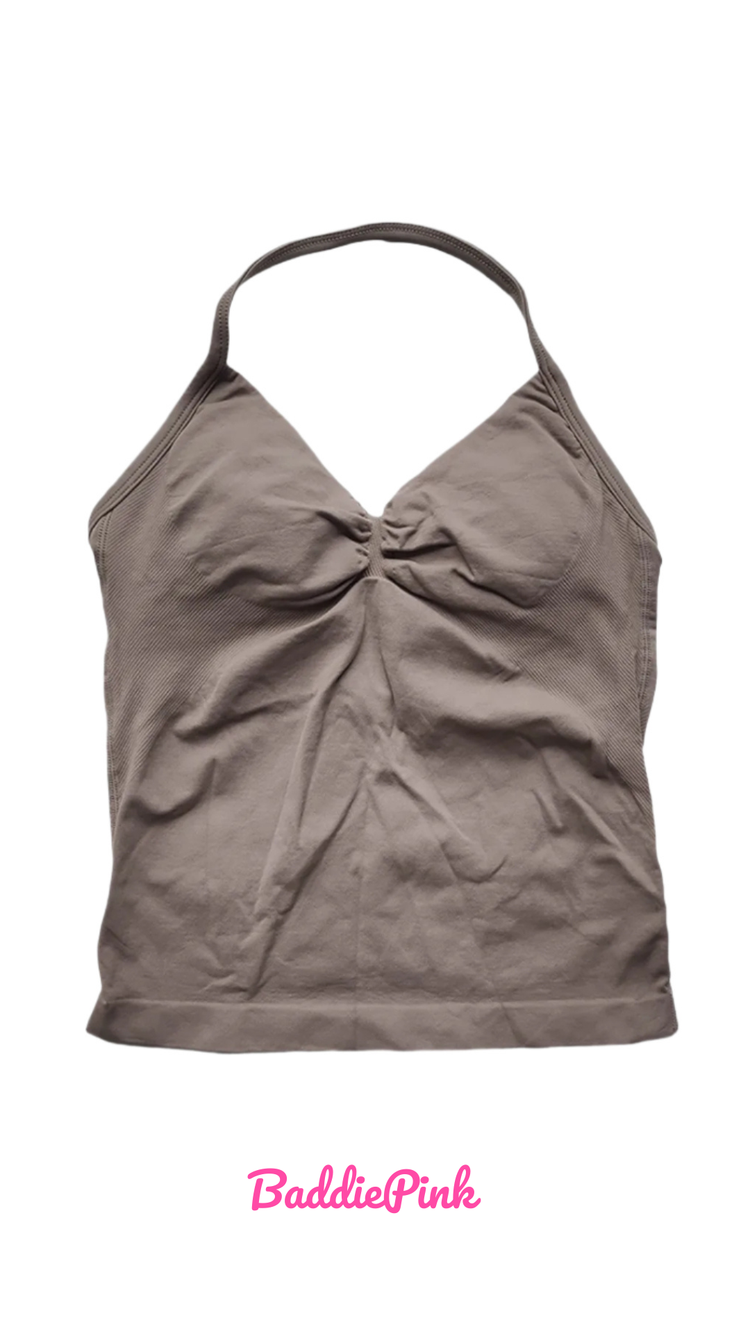 Brown tank top on a white background with 'Baddie Pink' branding.