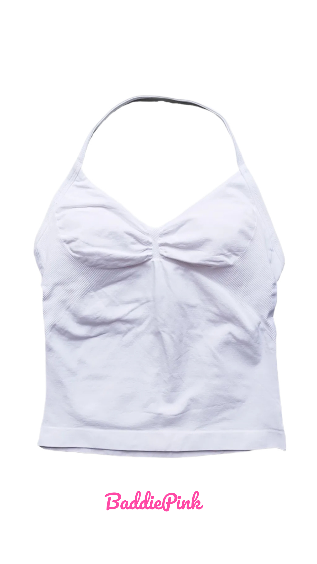 White tank top with a bow detail on a white background, featuring the brand 'Baddie Pink'.