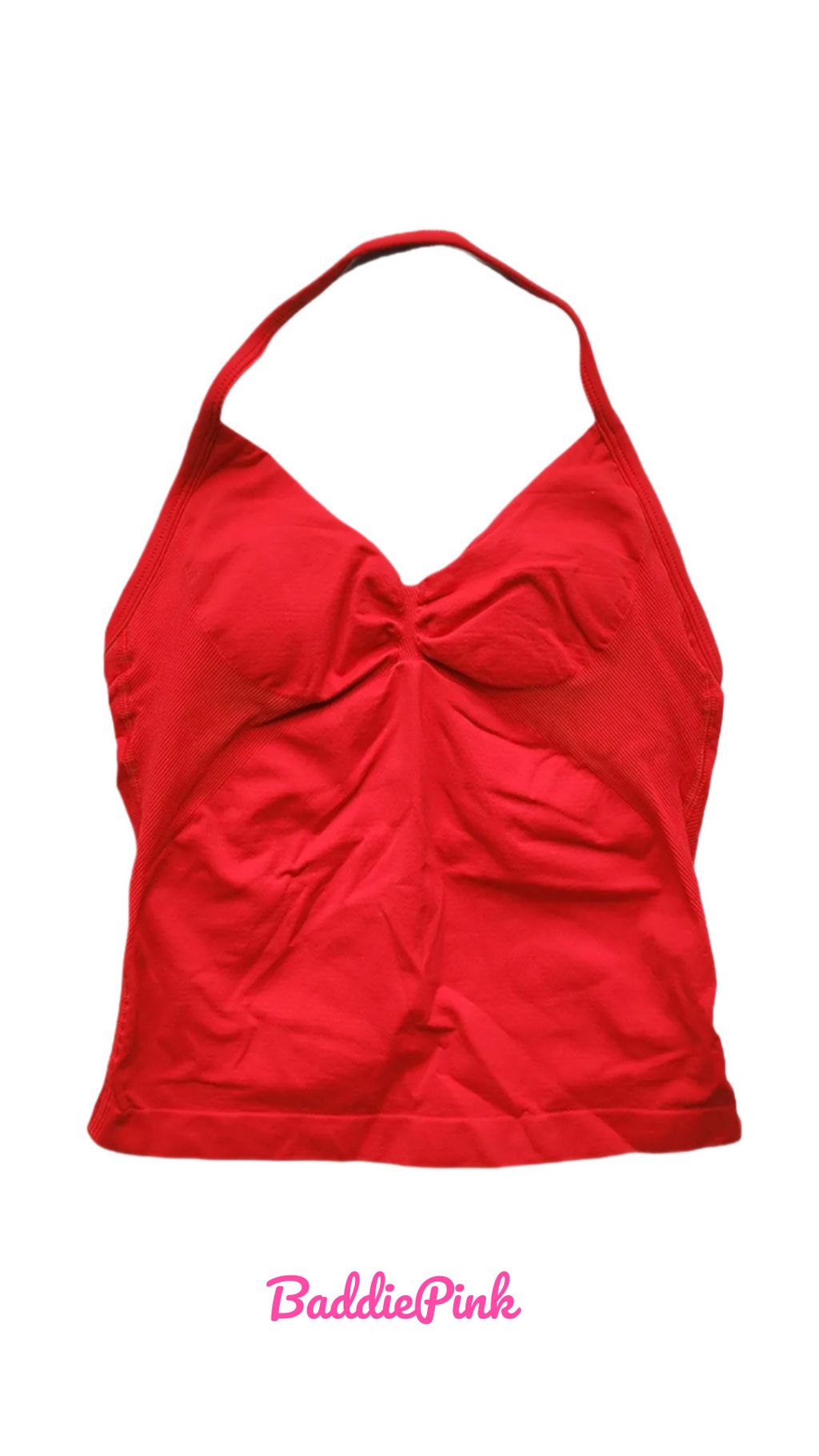 Red tank top with a ruched design on a white background, branded 'Baddie Pink'.